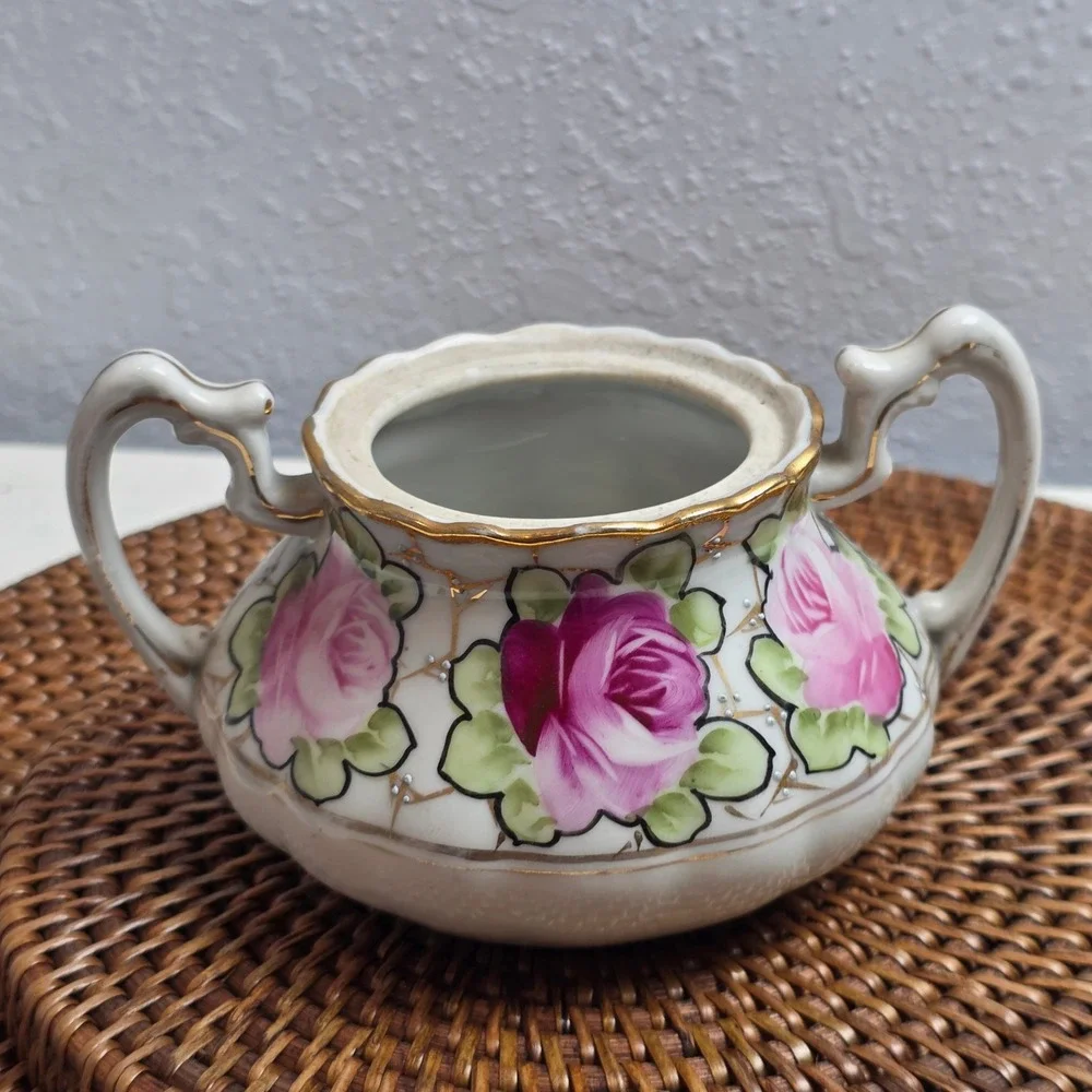 Antique 1890s Nippon Hand Painted Rose Porcelain Creamer & Sugar Bowl Set No Lid